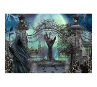 SDOTPMT 6x3m Halloween Graveyard Grim Reaper Backdrop Spooky Cemetery Gate Zombie Rising Hand Full Moon Lightning Spider Tombstone Background for Halloween Party Haunted House Photo Booth Deco