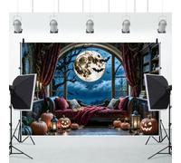SDOTPMT 6x3m Halloween Vintage Gothic Room Backdrop Window View Moon Bat Spider Web Pumpkin Lantern Candle Retro Interior Background for Halloween Party Photo Booth Decor