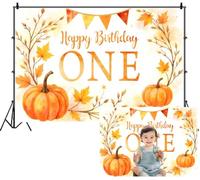 SDOTPMT 6x3m Happy Birthday ONE Backdrop Golden Orange Watercolor Pumpkins Autumn Leaves Branches Photography Background for Children Portrait Photo Booth Prop Warm Festive Decor