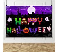 SDOTPMT 6x3m Happy Halloween Backdrop Colorful Cute Cartoon Candy Ghost Pumpkin Bat Spider Web Full Moon Cemetery Background for Kids Halloween Party Photo Booth Decorations