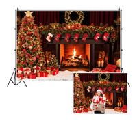 SDOTPMT 6x4ft Merry Christmas Themed Polyester Backdrop Xmas Tree Stove Gift Backgrounds Winter Holiday Photography Background for Kids Birthday Party Decor Happy New Year Photo Studio Props