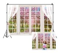 SDOTPMT 6x4ft Spring Window Scenery Polyester Backdrop Pink Cherry Blossom Tree Spring Natural Landscape Sunshine Grasses White Curtain Photography Background for Wedding Bridal Shower Party Decor