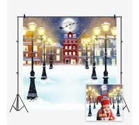 SDOTPMT 6x6ft Winter Night Cityscape Polyester Backdrop Merry Christmas Theme Bright Street Lamps Western House Building Snowy Sky Full Moon Santa Claus and Elk Background Xmas Eve Party Banner