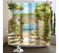 SDOTPMT 72x72inch Garden Arched Door Shower Curtain Green Leaves Seaside Scenery Bath Curtain 3D Print Bathtub Curtain for Women Bathroom Decor Durable and Washable with Hooks