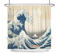 SDOTPMT 72x96inch Japanese Ocean Waves Shower Curtain Abstract Sea Wave Wooden Boat Bath Curtain Ukiyo-e Theme Fuji Mountain Bathtub Curtain for Bathroom Decor Fabric Polyester with Hooks