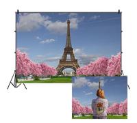 SDOTPMT 7x5ft Eiffel Tower Backdrop Sky Clouds Pink Cherry Blossom Turfgrass European Outstanding Architecture Photography Background Paris Party Decor Portrait Photoshoot Studio Props