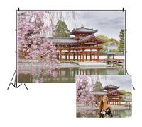 SDOTPMT 7x5ft Japan Scenery Polyester Backdrop Japanese Style Building Garden Pink Cherry Asian Travel Themed Birthday Party Wedding Portrait Photo Studio Props Background Room Wallpaper