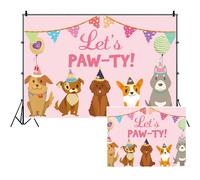 SDOTPMT 7x5ft Let's Paw-ty Polyester Backdrop for Puppy Dog Birthday Party Background Cartoon Dog Sweet Pink Balloon Little Flag Doggy Pet Photo Booth for Dessert Table Banner Wallpaper