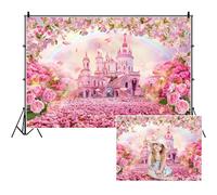 SDOTPMT 7x5ft Princess Castle Polyester Backdrop Falling Pink Spring Cherry Blossoms Petals Colorful Rainbow Blurry Pink Sky Background for Sweet Girl Birthday Party Cake Table Banner Decor