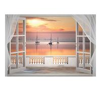 SDOTPMT 7x5ft Romantic Sunset Polyester Backdrop White Window View Curtains Calm Lake Drifting sailboat Peaceful Natural Landscape Travel Theme Background Adults Portrait Photo Studio Props