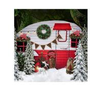 SDOTPMT 7x7ft Christmas Barn Door Polyester Backdrop Winter Forest Snow Covered Pine Trees Garland Snowy Retro Wooden Cabin Gifts Background for Merry Xmas Happy New Year Baby Shower Party Decor