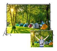 SDOTPMT 8x6ft Forest Camping Scene Polyester Backdrop Grassland Camp Tents Sunshine Green Plant Photography Background Wild Hiking Backgrounds for Camp Party Decor Adults Portrait Photo Studio Props