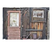 SDOTPMT 8x6ft Old Wooden Cottage Polyester Backdrop Rustic Vintage Wood Plank Door Window Wall Farm Tools Western Farmhouse Photography Background Cowboy Kids Birthday Portrait Studio Props