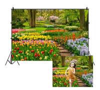 SDOTPMT 8x6ft Spring Forest Park Polyester Backdrop Blooming Tulip Flowers Jungle Garden Photography Background Children Spring Summer Outing Outdoor Art Portraits Photo Studio Props Wallpaper