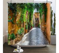 SDOTPMT 90x180cm Italian Natural Scenery Curtain View of Stonewall House Green Leaves Bath Curtain Italy Mediterranean Street Bathtub Curtain for Women Bathroom Decor with Hooks