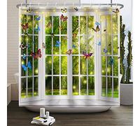 SDOTPMT 90x180cm Spring Window View Shower Curtain Fantasy Magic Green Forest White Bath Curtain Colorful Psychedelic Butterfly Faint Sunshine Fairy Bathtub Fabric Waterproof Curtain with Hooks