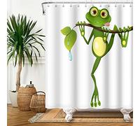 SDOTPMT 90x183cm Cute Cartoon Frog Shower Curtain Little Frog on Tree Branch Green Leaves Bath Curtain Summer Animal White Bathtub Curtain for Kids Bathroom Polyester Waterproof with Hooks