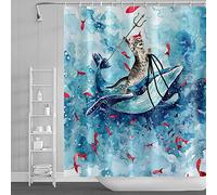 SDOTPMT 90x183cm Funny Cat Shower Curtain Cute Cat Riding Whale Ocean Wave Bath Curtain Cartoon Red Fish Blue Bathtub Curtain for Kids Bathroom Decor Fabric Polyester Waterproof with Hooks
