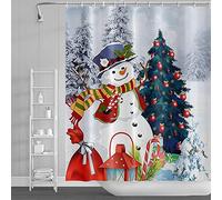 SDOTPMT 90x183cm Merry Christmas Shower Curtain Winter Funny Cute Snowman Christmas Tree Ball Bath Curtain Snowflake Happy New Year Bathtub Curtain for Kids Bathroom Fabric Polyester with Hooks