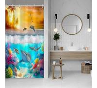 SDOTPMT 90x183cm Summer Ocean Shower Curtain Sharks Turtle Corals Under The Sea Whales Seagulls Evening Sun Palm Tree over the Ocean Bathtub Curtain for Bathroom Decor Fabric Polyester with Hooks
