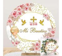 SDOTPMT Diameter 180cm Mi Bautizo Baptism Round Backdrop Cover Communion Christening Cute Angel Pink Floral Glitter Dots Circle Photography Background for Kids Birthday Party Decor Baby Shower Props