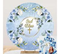 SDOTPMT Diameter 3ft God Bless Round Backdrop Cover Golden Cross Blue Flowers Polyester Photography Background First Holy Communion Christening Party Newborn Baby Baptism Circle Background