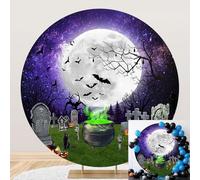 SDOTPMT Diameter 4ft Halloween Graveyard Round Backdrop Cover with Bats, Full Moon, Witch's Cauldron Jack - o'- Lanterns Photography Background Festival Celebration Decor Photo Studio Props