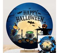 SDOTPMT Diameter 5ft Happy Halloween Round Backdrop Cover with Pumpkins, Bats, Witch and Cauldron Elements Design Photography Background Festival Celebration Decor Photo Studio Props