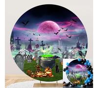 SDOTPMT Diameter 6.5ft Fantasy Halloween Graveyard Round Backdrop Cover with Pink Moon, Jack - o'- Lanterns Spooky Witch's Cauldron, Photography Background Festival Celebration Decor