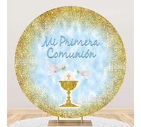 SDOTPMT Diameter 6.5ft Kids Mi Primera Communion Round Backdrop Cover Holy Grail White Dove Cross Child Baby Shower Party Photography Background Child Baptism Party Portrait Gold Glitter Banner