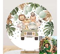 SDOTPMT Diameter 6.5ft Safari Jungle Animal Baby Shower Round Backdrop Cute Wild Animals on Truck Palm Leaves Baby Newborn Circle Background Zoo Safari Kids 1st Birthday Party Circle Background