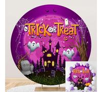 SDOTPMT Diameter 6.5ft "Trick or Treat" Halloween Round Backdrop Cover with Haunted House, Pumpkins Graveyard Ghosts Pink Photography Background Festival Celebration Decor Photo Studio Props