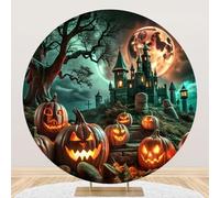 SDOTPMT Diameter 6ft Enchanted Halloween Pumpkin Castle Round Backdrop Cover with Jack - o'- Lanterns, Moonlit Sky Haunted Castle Ideal for Festival Celebration Decor Photo Studio Props