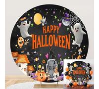 SDOTPMT Diameter 7.2ft Whimsical Halloween Round Backdrop Cover with "Happy Halloween" Black Cats Cute Ghosts Photography Background Festival Celebration Decor Photo Studio Props