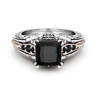 Sdouefos 925 Sterling Silver Black Gem Ring Vintage Cocktail Rings Square Cut Black Onyx Marcasite Cubic Zirconia Anniversary Promise Ring CZ Eternity Engagement Wedding Band Ring (Q)