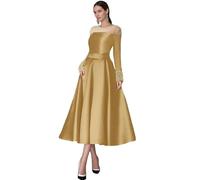 SDPANLLD A-Line Cocktail Dresses Elegant Pearls Ankle-Length Long Sleeve Jewel Neck Satin Formal Mother of The Bride Dress Gold