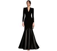 SDPANLLD Elegant A-Line Mermaid/Trumpet Prom Evening Gown Color Block Long Sleeve V Neck Stretch Crepe Pleats Formal Dress Black
