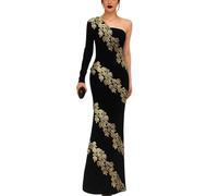 SDPANLLD Mermaid/Trumpet Evening Gown Elegant Formal Dress Floor Length Long Sleeve One Shoulder Lace with Beaded Appliques Black Gold