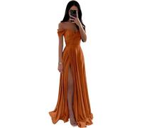 SDPANLLD Off The Shoulder Bridesmaid Dresses Long Satin Evening Dresses for Women Elegant with Side Slit (UK, Numeric, 16, Regular, Regular, Burnt Orange)