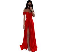 SDPANLLD Off The Shoulder Bridesmaid Dresses Long Satin Evening Dresses for Women Elegant with Side Slit (UK, Numeric, 10, Regular, Regular, red)