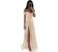 SDPANLLD Off The Shoulder Bridesmaid Dresses Long Satin Evening Dresses for Women Elegant with Side Slit (UK, Numeric, 16, Regular, Regular, Champagne)