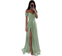 SDPANLLD Off The Shoulder Bridesmaid Dresses Long Satin Evening Dresses for Women Elegant with Side Slit (UK, Numeric, 10, Regular, Regular, sage Green)