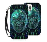 SDTLMNW Artificial Intelligence Brain Prints Phone Case for iPhone 12 Pro Max 6.7 Inch Flip Leather Shockproof Wallet Case Cover with Wrist Strap White