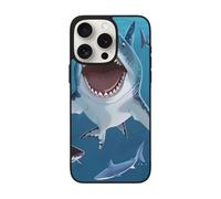 SDTLMNW Blue Cartoon Shark Printed Phone Case for iPhone 15 Pro Max 6.7 Inch Shockproof Soft Glass Phone Case Cover, Wireless Charging, Anti-Fingerprint, Non-Yellowing