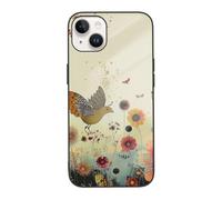 SDTLMNW Hen Flying Butterflies Among Flower Printed Phone Case for iPhone 14 Tempered Glass Shockproof Protection Phone Case Cover for iPhone 14-6.1 inch