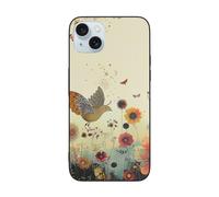 SDTLMNW Hen Flying Butterflies Among Flower Printed Phone Case for iPhone 15 6.1 inch Shockproof Soft Glass Phone Case Cover, Wireless Charging, Anti-Fingerprint, Non-Yellowing