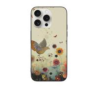 SDTLMNW Hen Flying Butterflies Among Flower Printed Phone Case for iPhone 15 Pro 6.1 Inch Shockproof Soft Glass Phone Case Cover, Wireless Charging, Anti-Fingerprint, Non-Yellowing