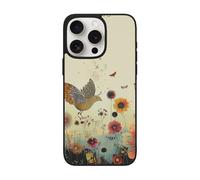 SDTLMNW Hen Flying Butterflies Among Flower Printed Phone Case for iPhone 15 Pro Max 6.7 Inch Shockproof Soft Glass Phone Case Cover, Wireless Charging, Anti-Fingerprint, Non-Yellowing