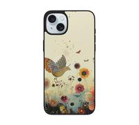 SDTLMNW Hen Flying Butterflies Among Flower Printed Phone Cases for iPhone 15 Plus 6.7 inch, Shockproof Soft Glass Phone Cover for iPhone 15 Plus Case, Wireless Charging, Non-Yellowing
