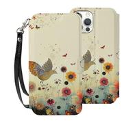 SDTLMNW Hen Flying Butterflies Among Flower Prints Phone Case for iPhone 12 Pro Max 6.7 Inch Flip Leather Shockproof Wallet Case Cover with Wrist Strap